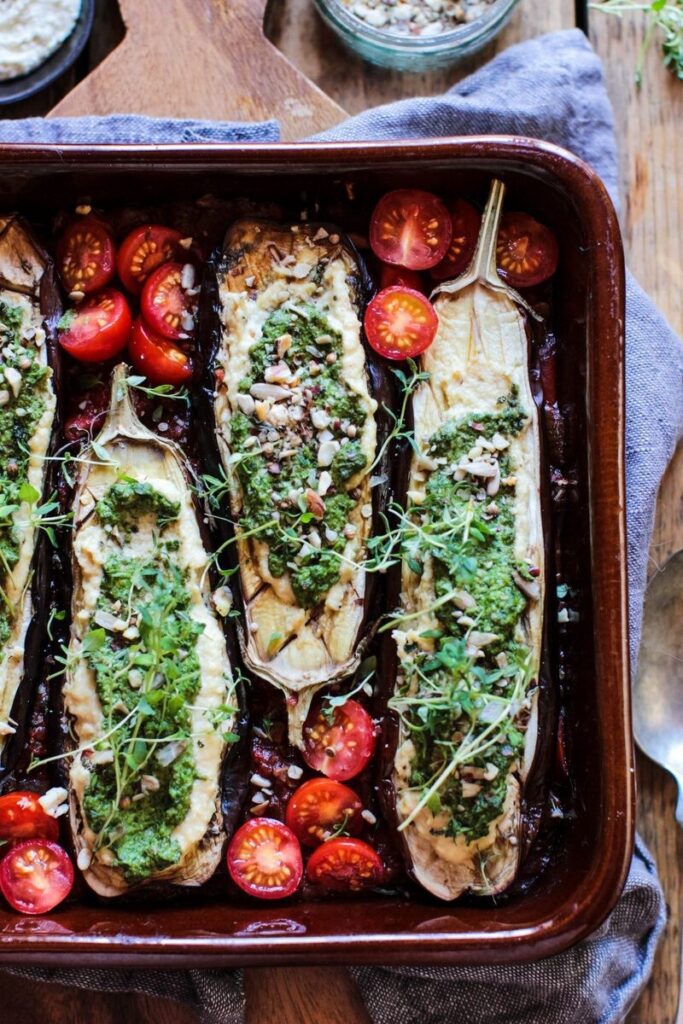 Baked aubergine with cashew cheese, pesto and rich tomato sauce (gluten free)