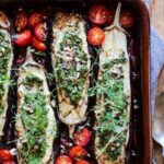 Baked aubergine with cashew cheese, pesto and rich tomato sauce (gluten free)