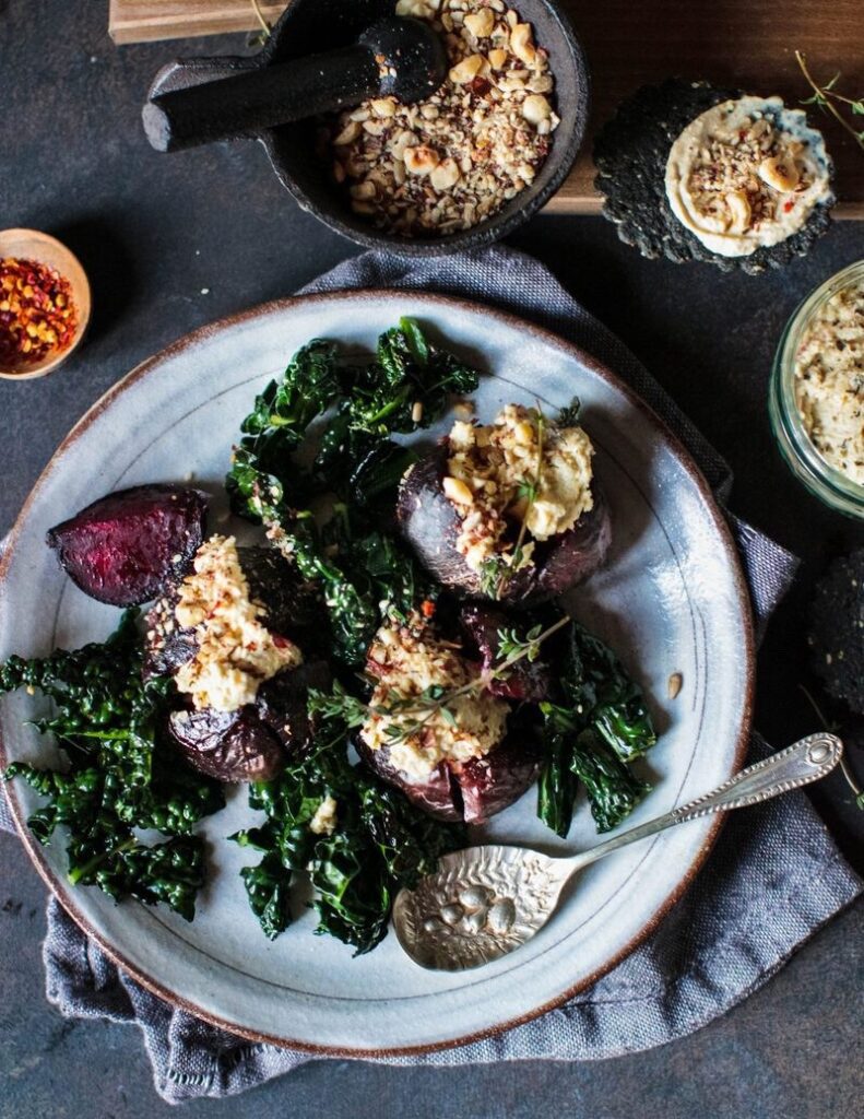 Baked beetroots with cashew cheese and hazelnut & thyme dukkah