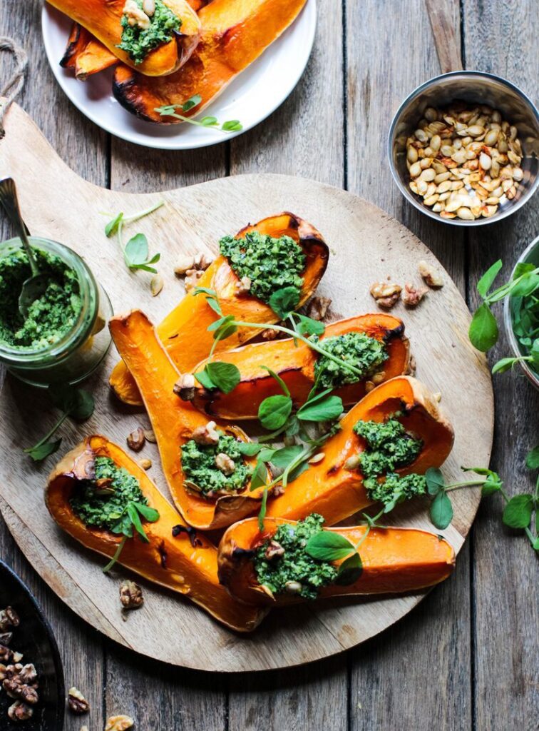 Baked Butternut Squash with Kale & Walnut Pesto
