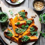 Baked butternut squash with kale & walnut pesto