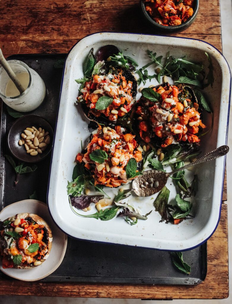 Baked mushrooms with harissa chickpeas & tahini dressing