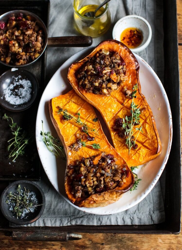 Baked squash with chestnut nut roast stuffing