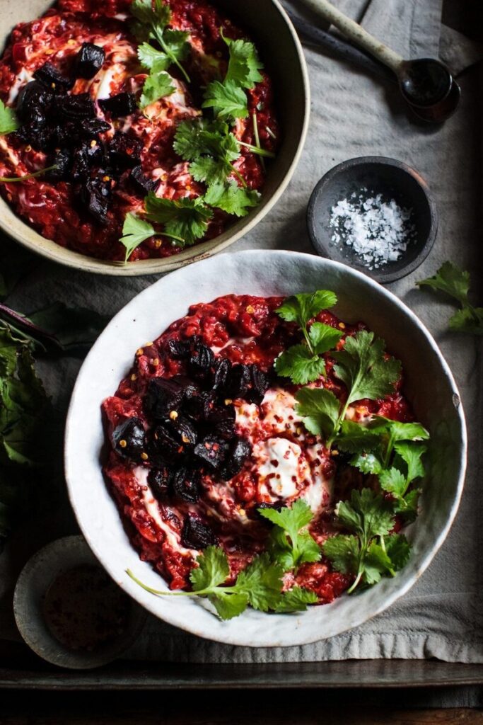 Beetroot dal with roast beetroot and gram flour flatbreads