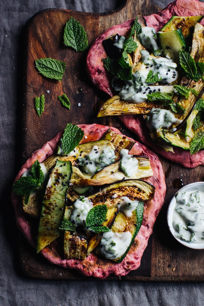 beetroot-flatbread-pizzas-with-griddled-aubergine-courgette 1