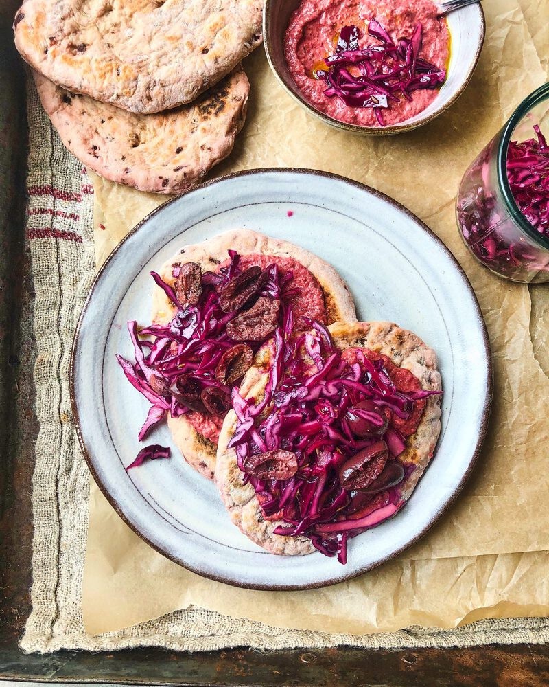 beetroot-flatbreads-hummus-with-red-cabbage-slaw-and-olives 1