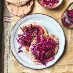 Beetroot flatbreads & hummus with red cabbage slaw and olives