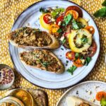 California walnut sun-dried tomato pesto toasts with colourful tomato basil salad