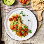Carrot pancakes with pea pesto & roast tomatoes (gluten free)
