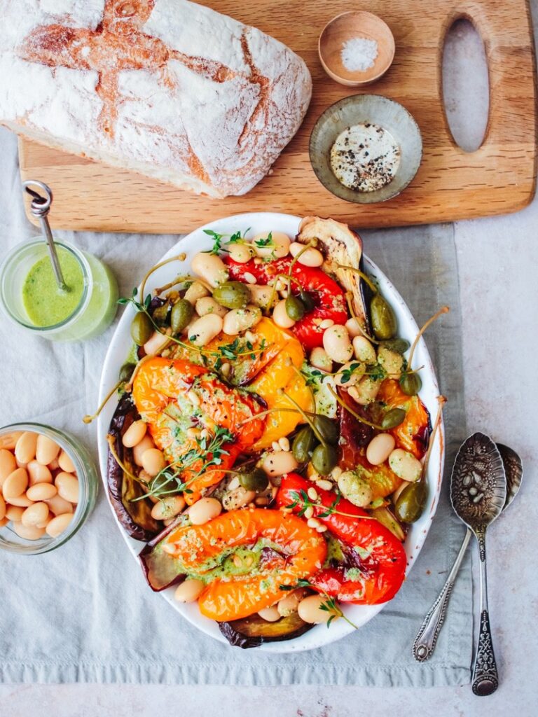 Chunky roast pepper, aubergine, butter bean, caper and pesto salad