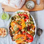 Chunky roast pepper, aubergine, butter bean, caper and pesto salad