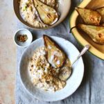 Coconut ginger rice pudding with sticky roast pears