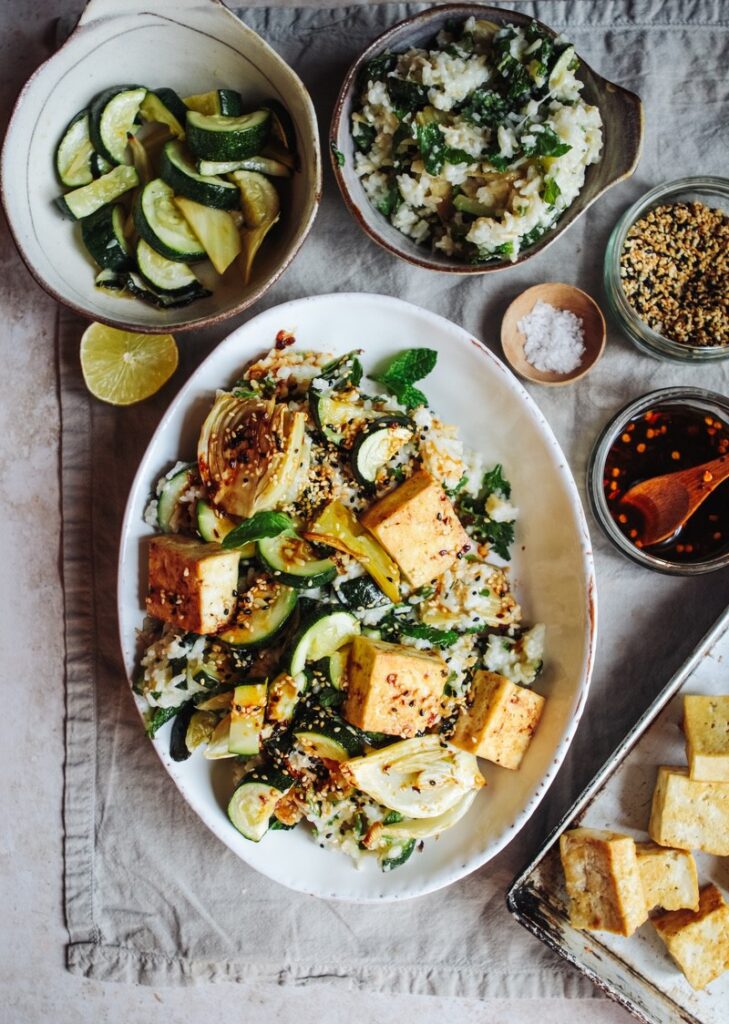 Coconut rice with roast courgette, fennel, crispy tofu & gomashio