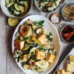 Coconut rice with roast courgette, fennel, crispy tofu & gomashio