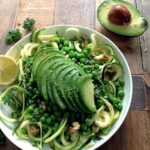 Courgette pasta with spinach and kale pesto and edamame
