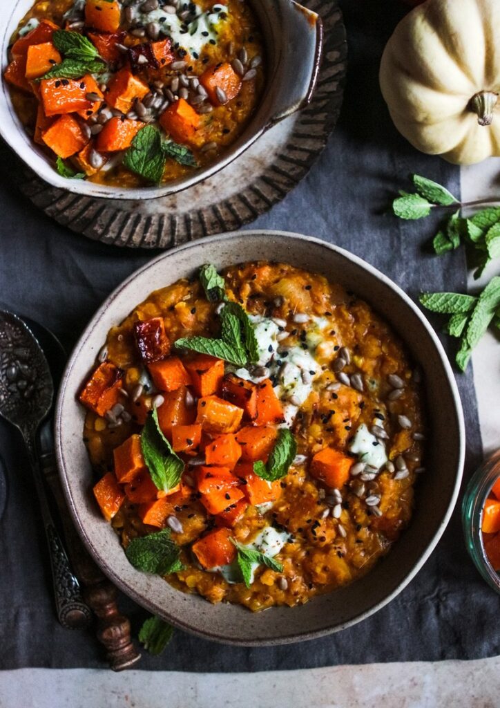 Creamy squash dal with roast squash & cucumber mint dip