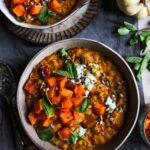 Creamy squash dal with roast squash & cucumber mint dip