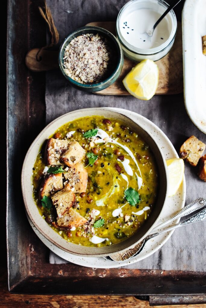 Deliciously herby persian bean soup with croutons