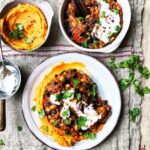 Easy black beans with 'cheesy' sweet potato mash