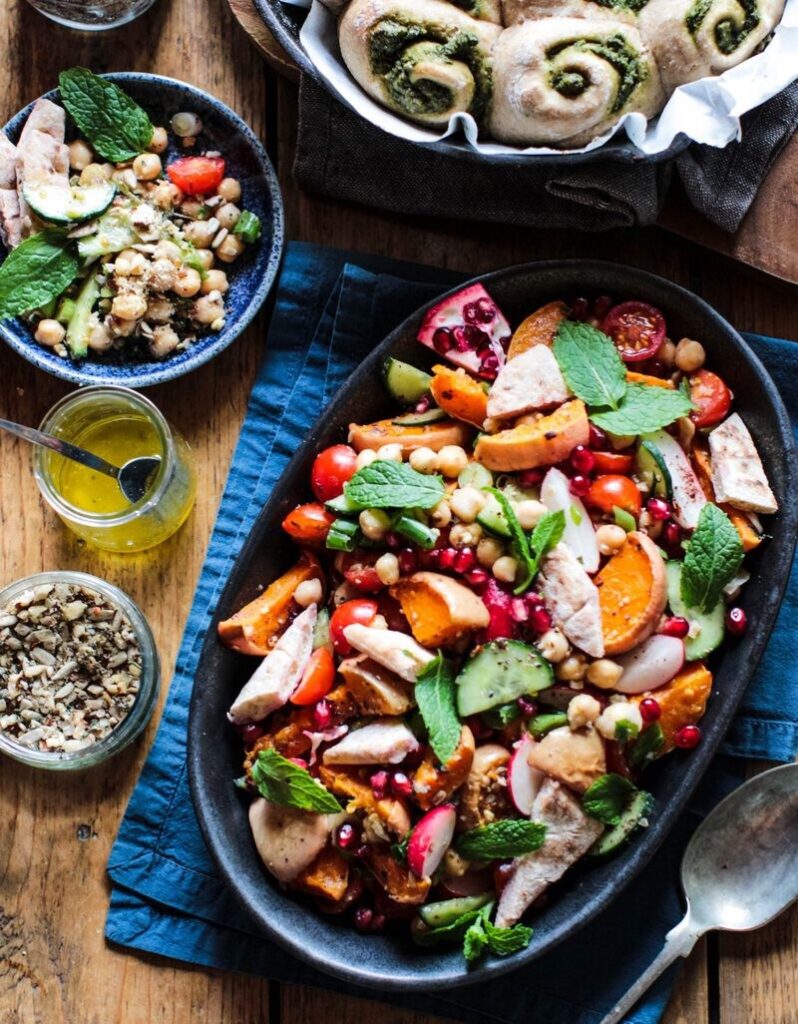 Fattoush salad with dukkah and tahini coriander dressing