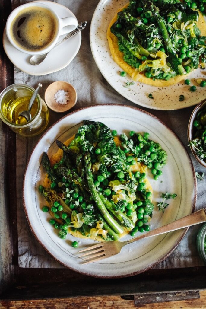 Gram flour crepes with braised peas, asparagus and little gem