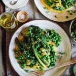 Gram flour crepes with braised peas, asparagus and little gem
