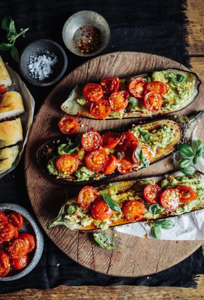 Griddled aubergine with smashed avocado & blistered tomatoes