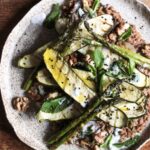 Griddled courgette & asparagus with puy lentils, lemon yogurt dressing, mint and crushed walnuts