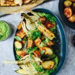 Griddled courgette, crispy roast potatoes, fennel and pea pesto salad