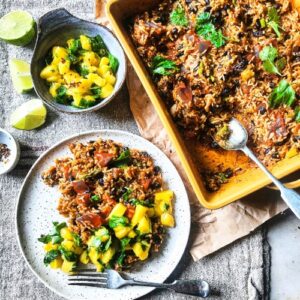 baked-mexican-rice-with-beans-and-greens-topped-with-mango-salsa 1a