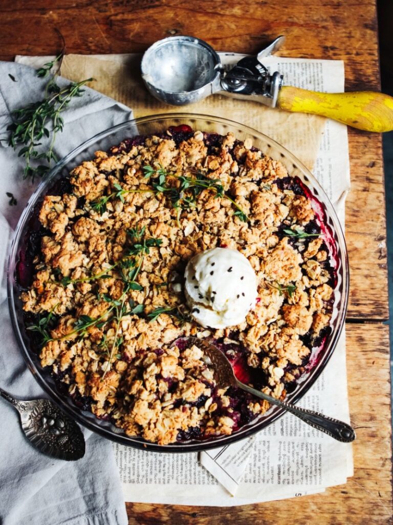 Blackberry blueberry peanut butter thyme crisp