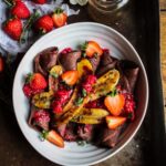 Chocolate crêpes with caramelised bananas & raspberry compote (gluten free)