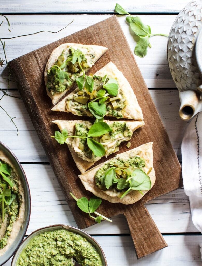 Creamy butter bean hummus, rocket pesto with roast seasonal veg ~ two ways