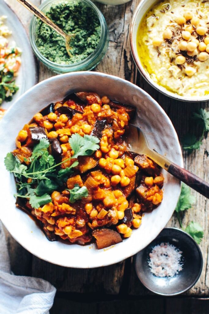 Moussaka - aubergine and chickpea stew with herby rice
