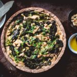Purple sprouting broccoli & cauliflower cheese tart
