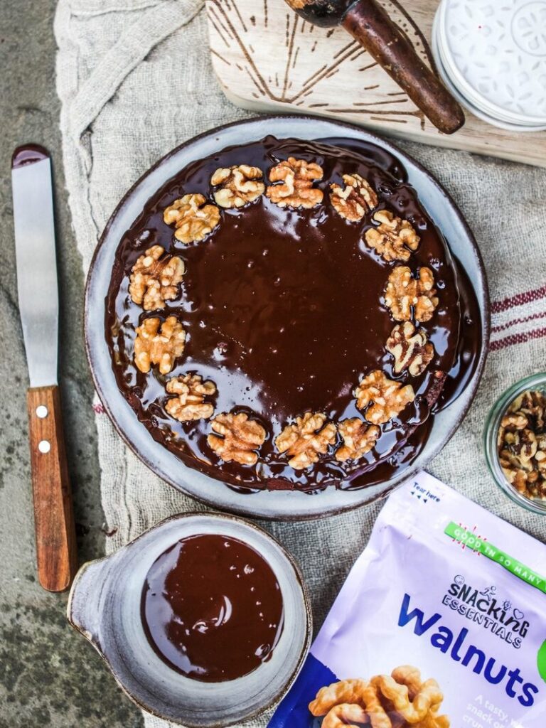 Rich chocolate walnut cake with ganache topping