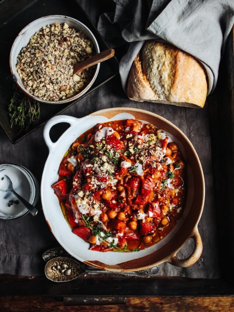 Rich roast pepper & chickpea stew with hazelnut dukkah
