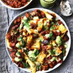 Rich spiced tomato & aubergine pasta with pesto