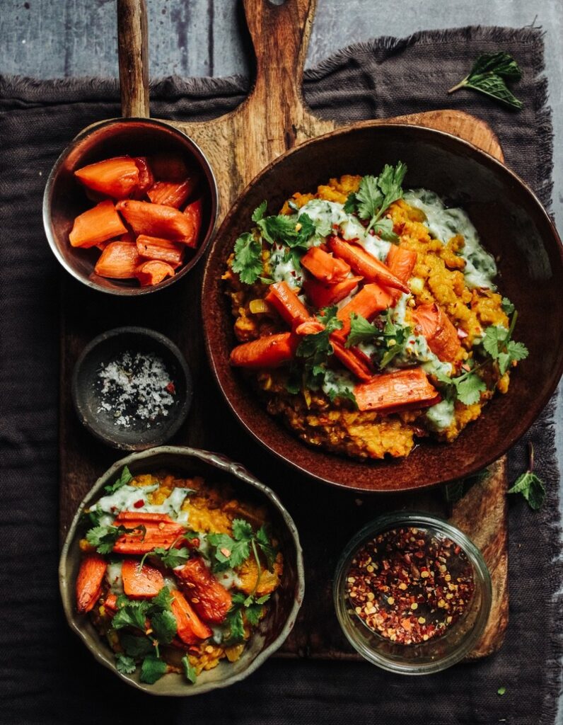 Roast carrot dal with herby raita
