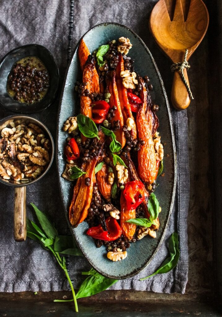 Roast carrot, lentil and walnut salad