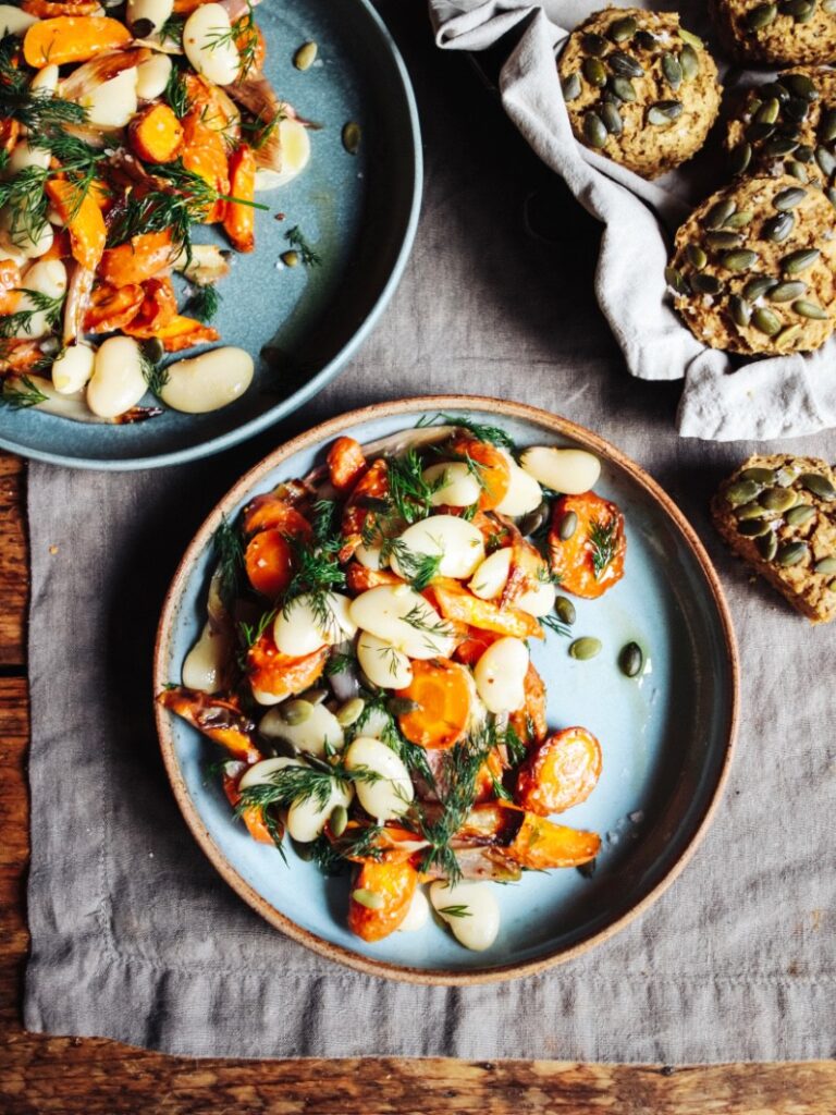 Roast Carrot, Shallot, Butter Bean & Dill Salad with Chickpea Olive Muffins