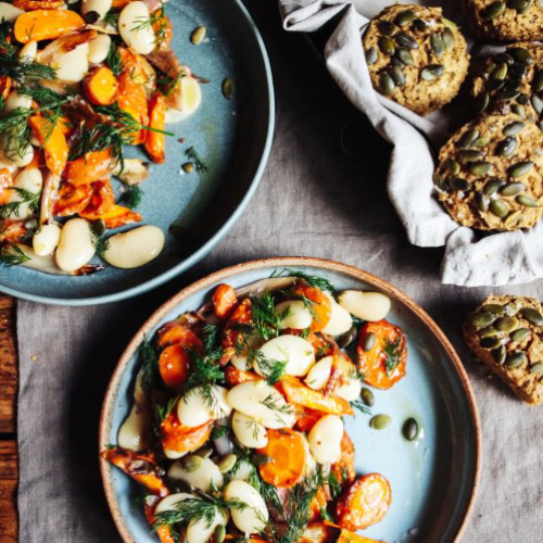 roast-carrot-shallot-butter-bean-dill-salad-with-chickpea-olive-muffins 1aa