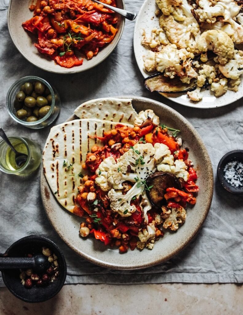 Roast cauliflower & aubergine with smoky red pepper & chickpea stew