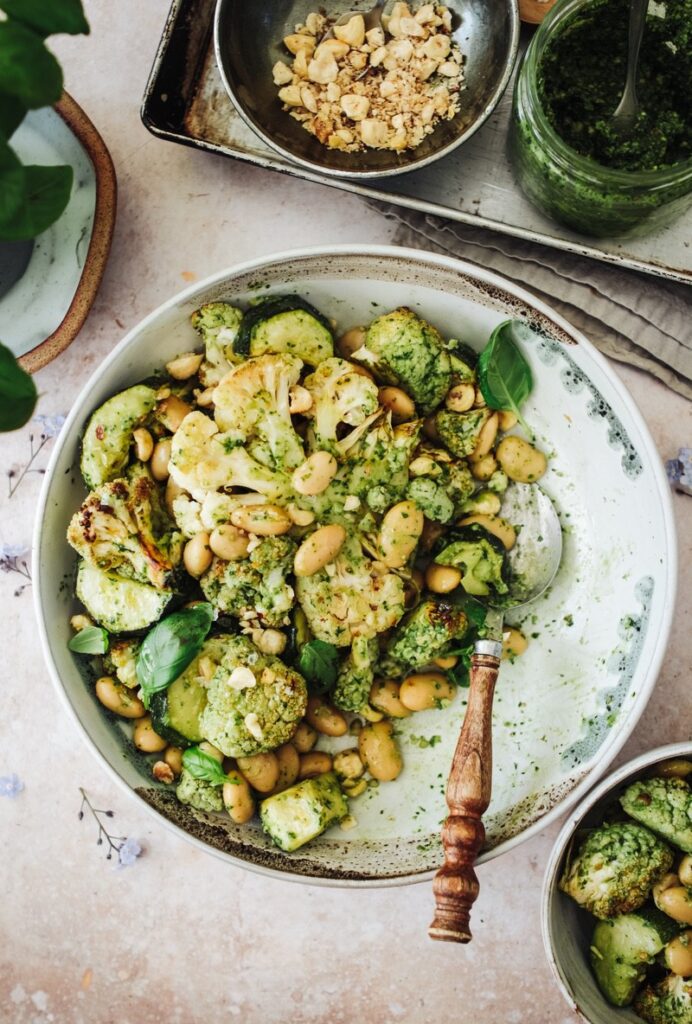 Roast cauliflower, courgette, wild garlic pesto and butter bean salad