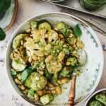 Roast cauliflower, courgette, wild garlic pesto and butter bean salad