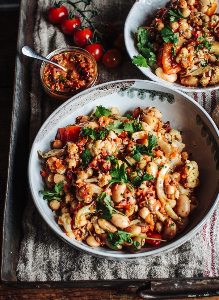 Roast cauliflower, fennel and white bean salad with roast tomato salsa