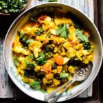 Roast cauliflower & kale curry with gram flour flatbreads
