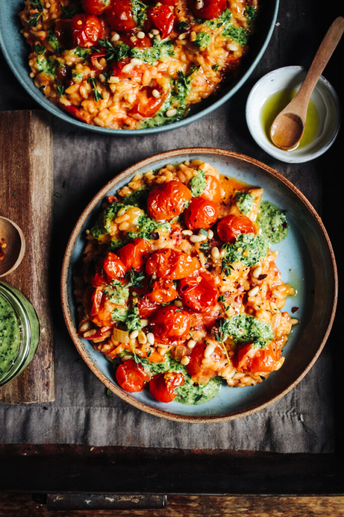 Roast cherry tomato and thyme risotto with basil pesto