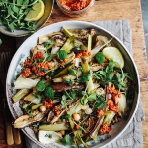 roast-fennel-aubergine-with-freekeh-chickpeas-and-harissa-dressing 1a