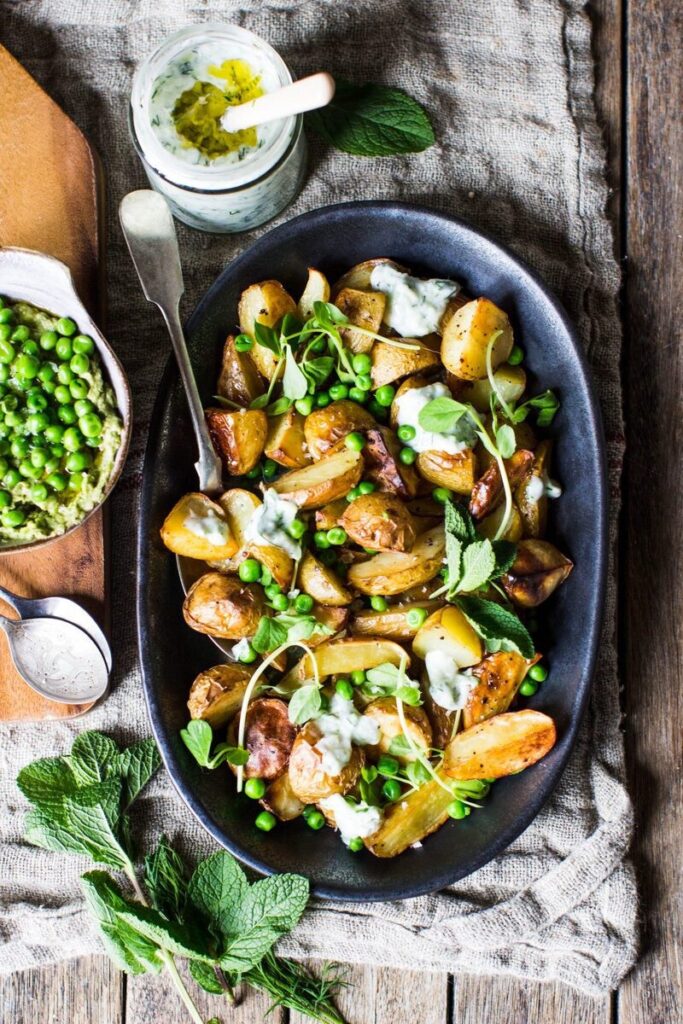 Roast New Potato & Pea Salad with Tzatziki